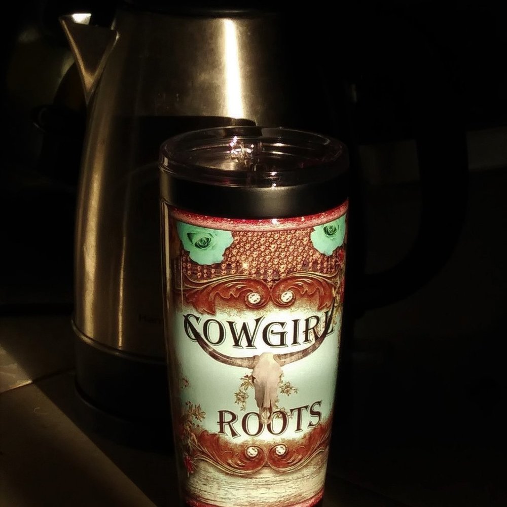 NEW! COWGIRL STEER HEAD ROSES TRAVEL TUMBLER MUG